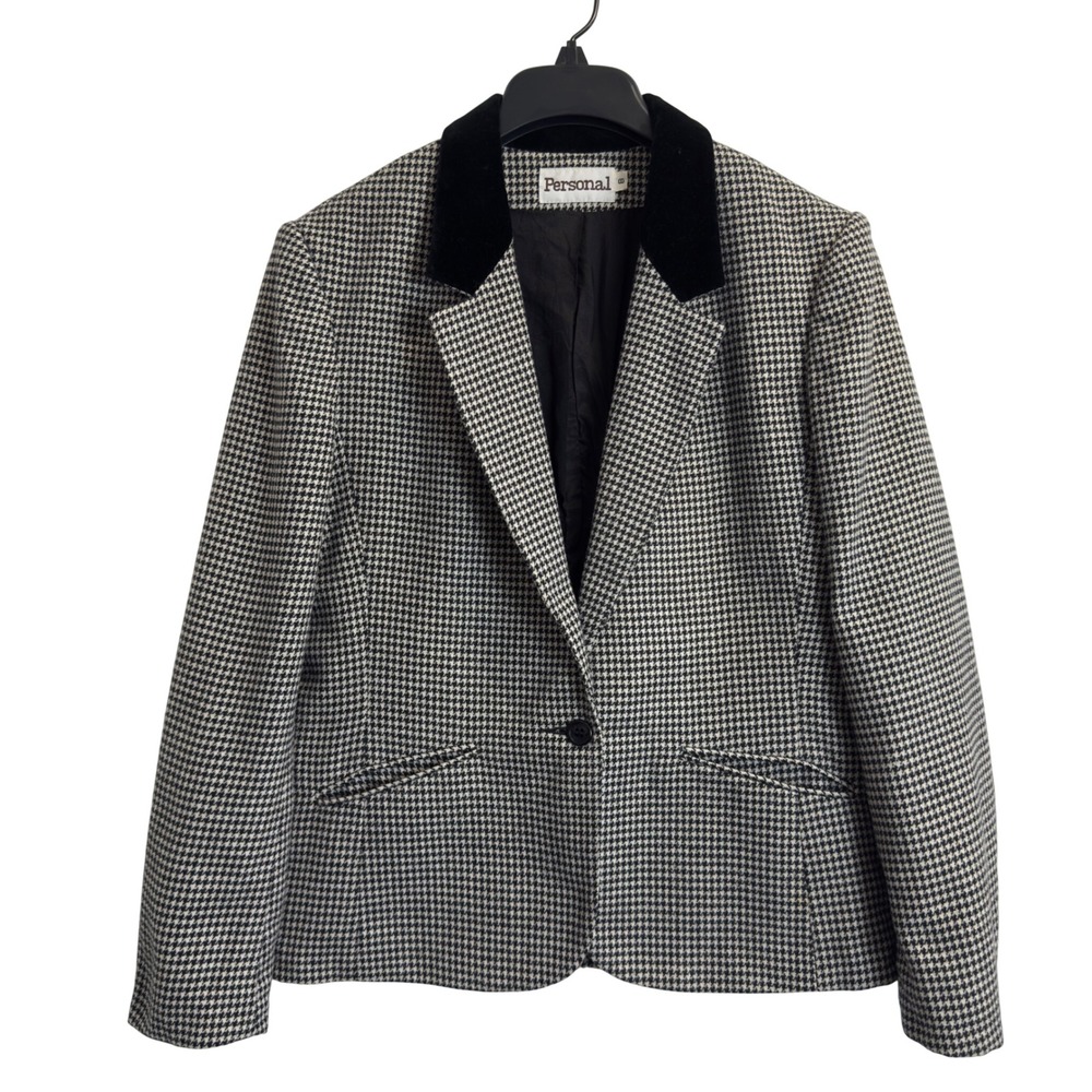 Personal Petites 8 Vintage Wool Houndstooth Blazer Black White Velvet Collar